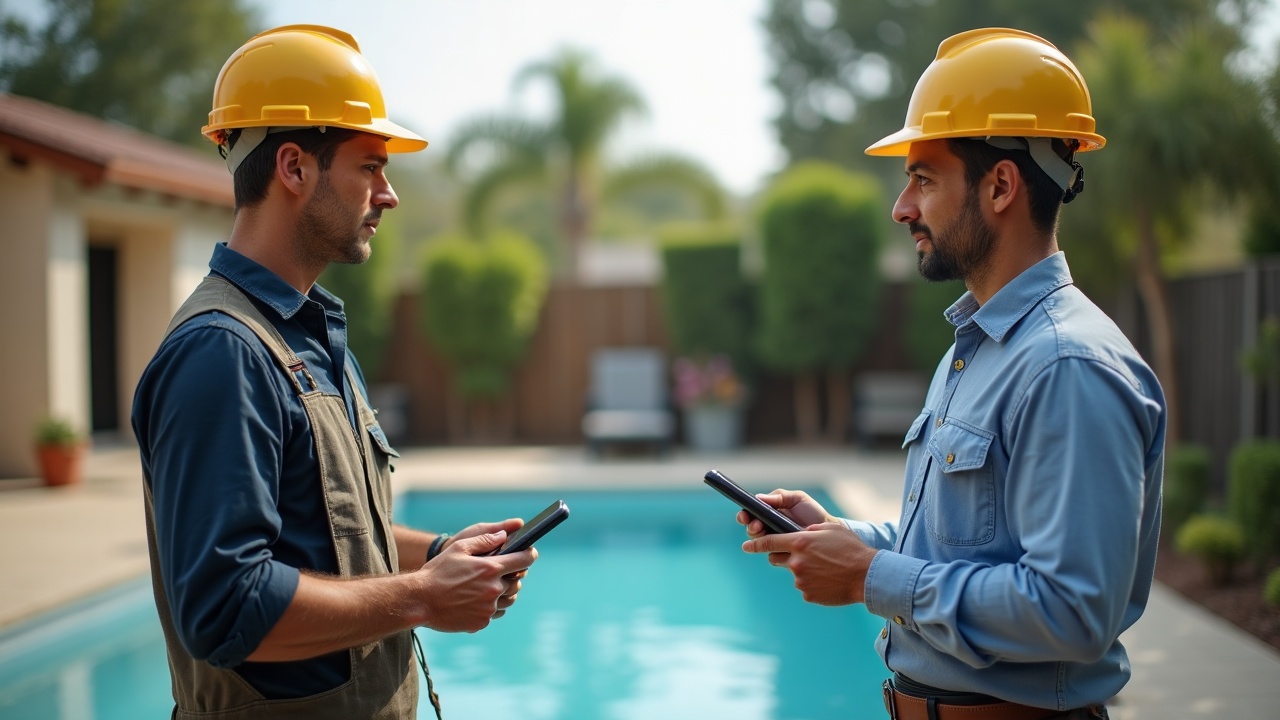 A split-screen comparison showing a busy pool contractor on a job site with a ringing phone in their pocket on one side, and a homeowner scheduling an appointment with a competitor who answered on the other side