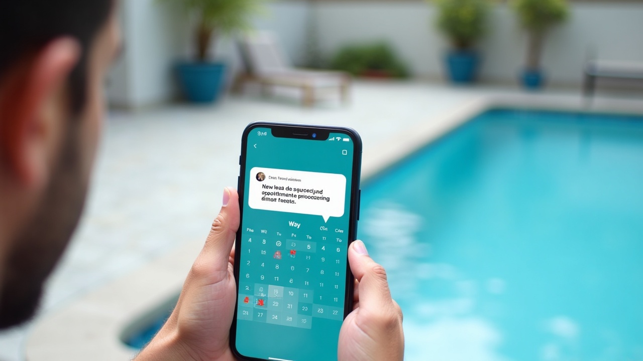 A calendar showing a pool contractor's schedule with multiple resurfacing jobs booked back-to-back, with a phone notification overlay showing 