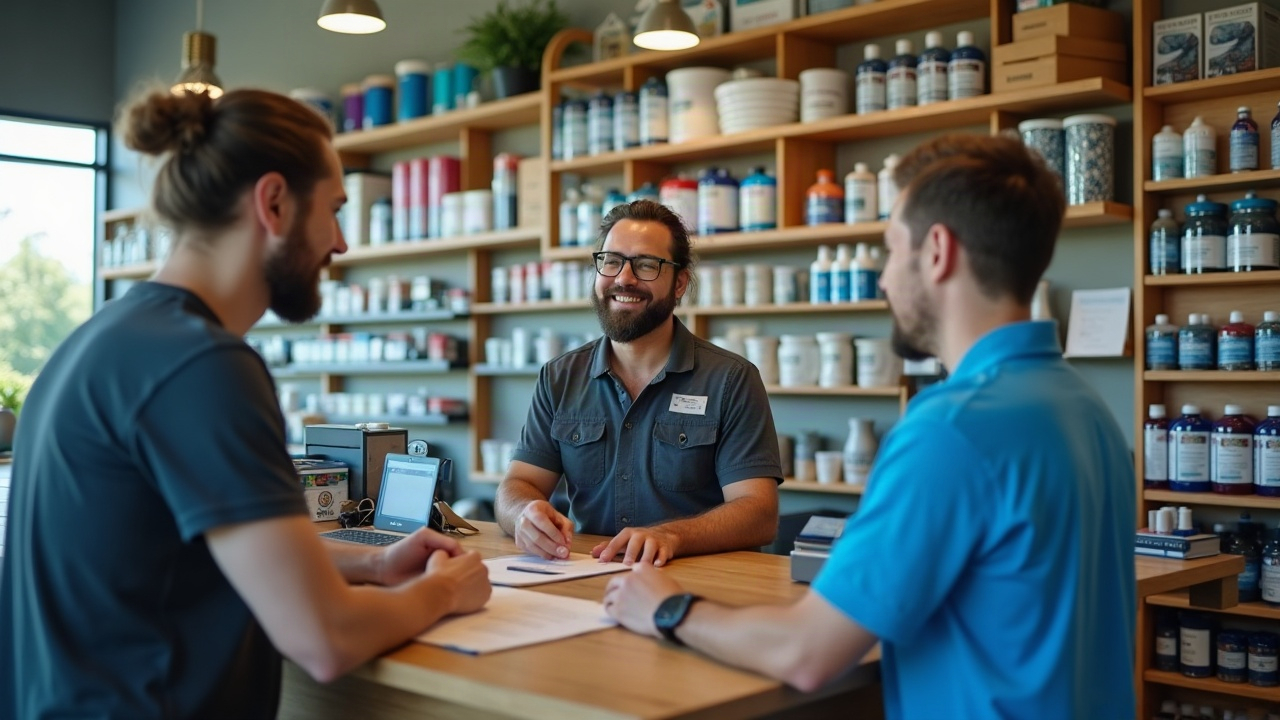 A pool store retail counter with a staff member helping a customer, showing shelves stocked with chemicals and equipment in the background