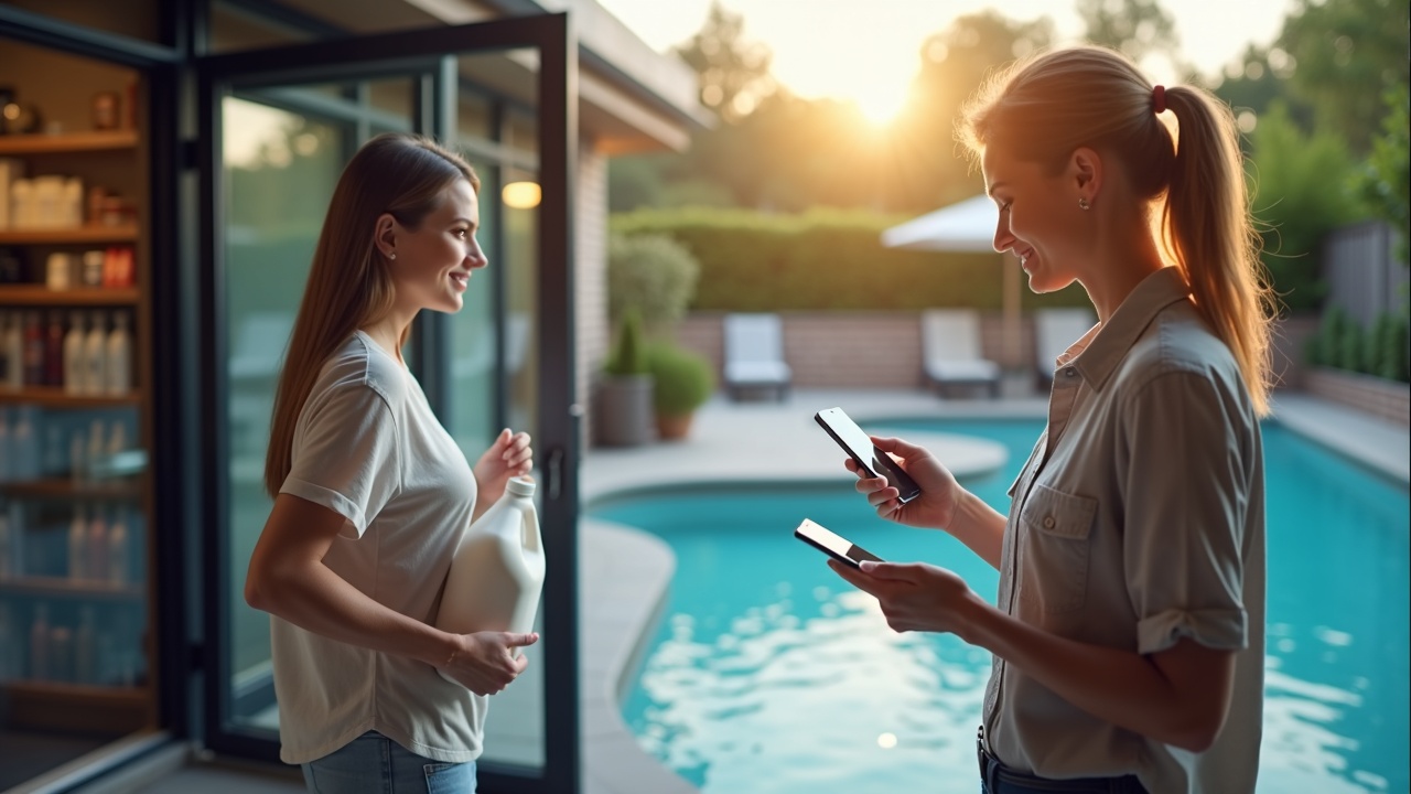 A side-by-side comparison showing a customer leaving a pool store with chemicals in one frame, and the same customer booking a service appointment on their phone at home in the next frame