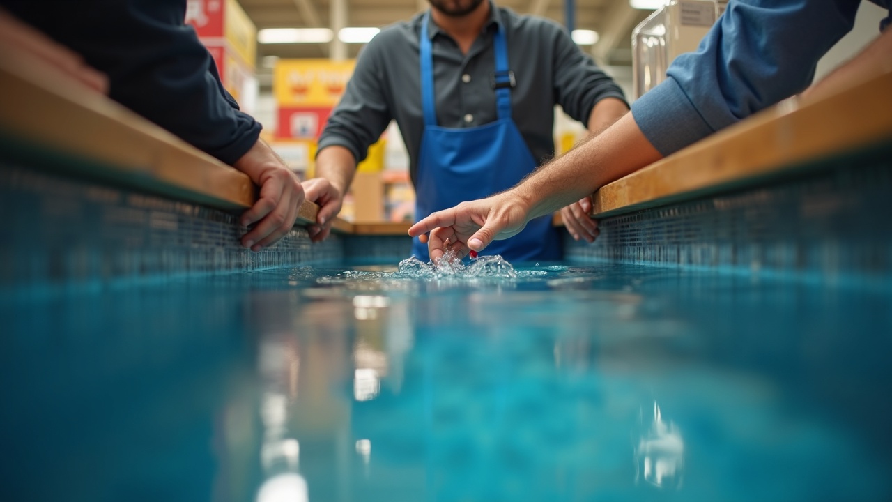 Close-up of a pool store employee conducting a water test for a customer at the counter, showing engaged one-on-one consultation
