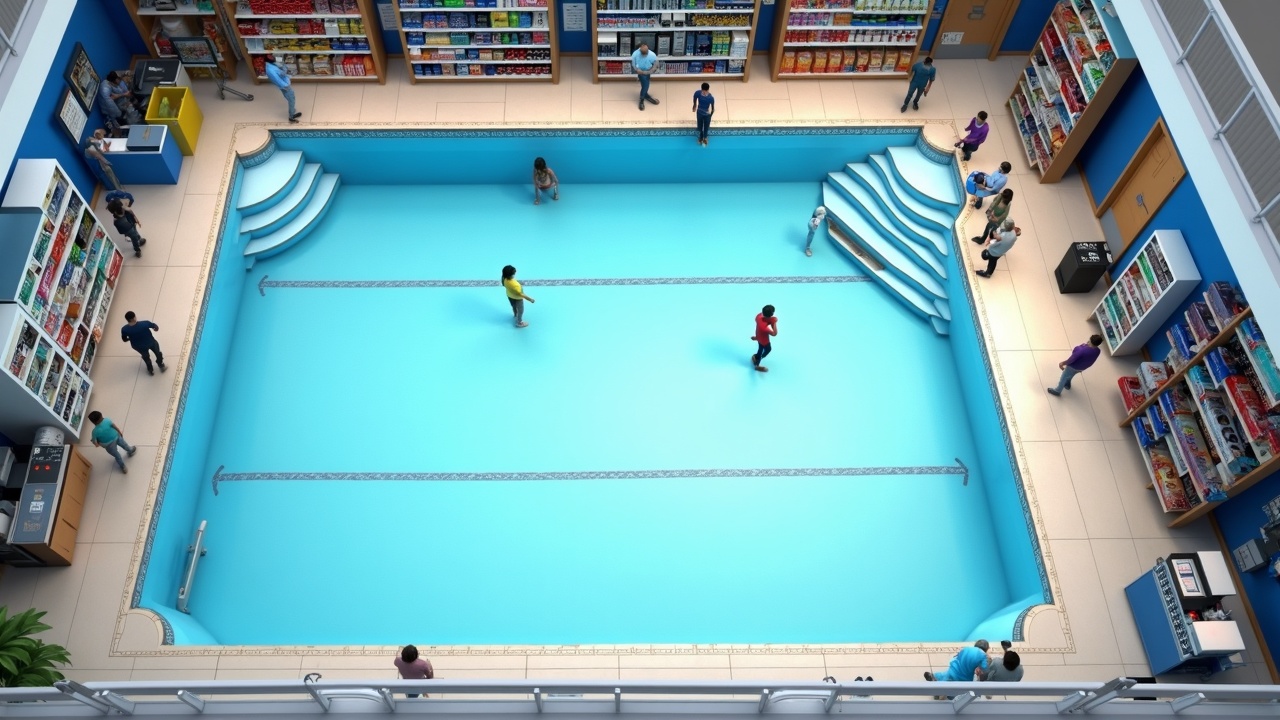 Overhead view of a pool store layout showing customer flow patterns, with areas marked for water testing station, product aisles, and checkout counter
