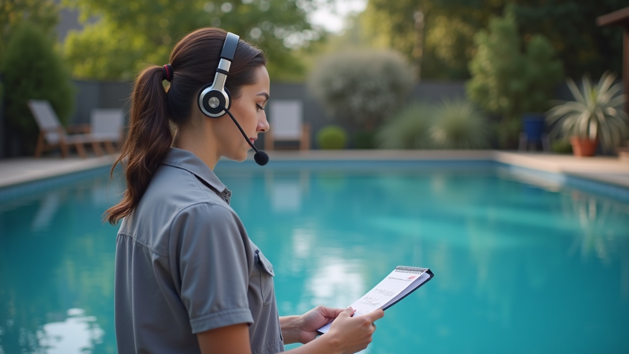 Pool service technician on the phone scheduling an appointment while looking at a calendar, representing the callback system in action