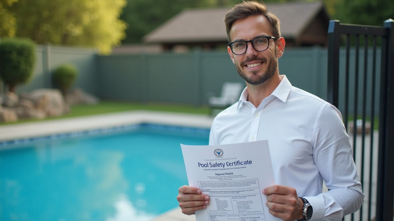 A professional showing a pool safety certificate document next to a compliant pool fence with self-closing gate