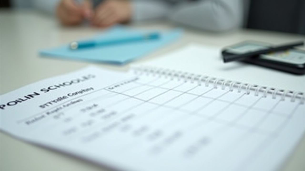 Close-up of a pool school sign-in sheet with attendee names and phone numbers, sitting next to a phone and notebook