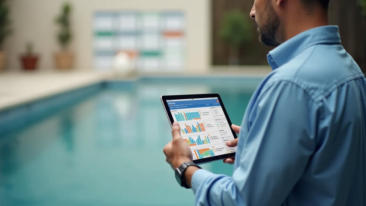 Pool service business owner reviewing customer retention metrics on a tablet, with a wall calendar showing spring appointments already filled in