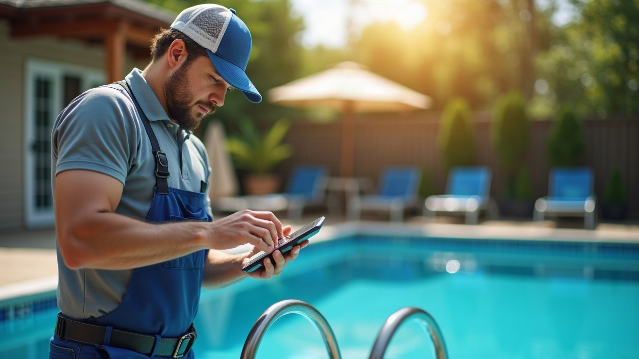 Pool service technician working on pool equipment with phone ringing in background, showing the impossible multitasking problem