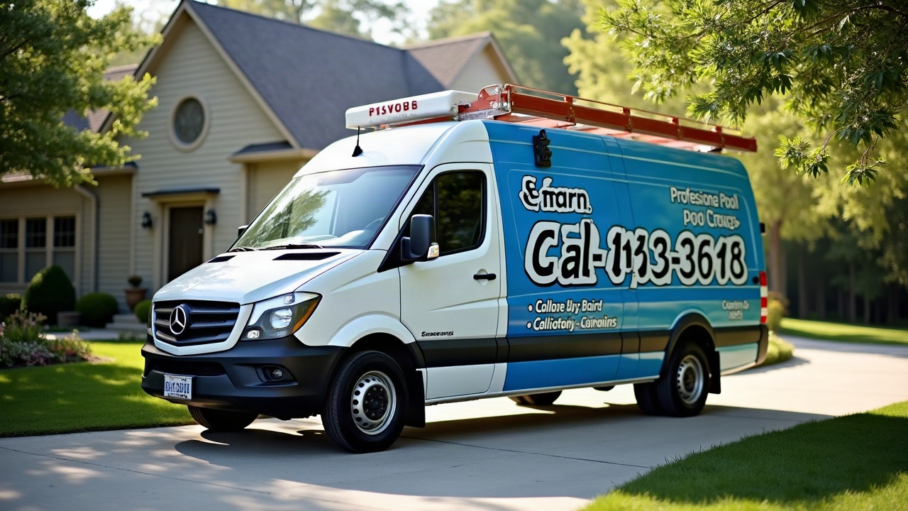 Professional pool service truck with prominent phone number and 