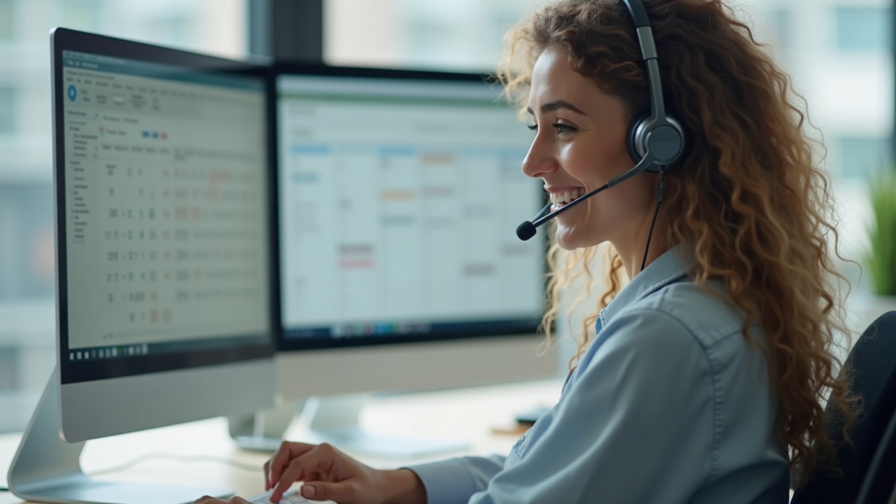 Professional woman wearing a headset in a modern office environment, smiling while taking notes and booking an appointment on a computer screen showing a calendar