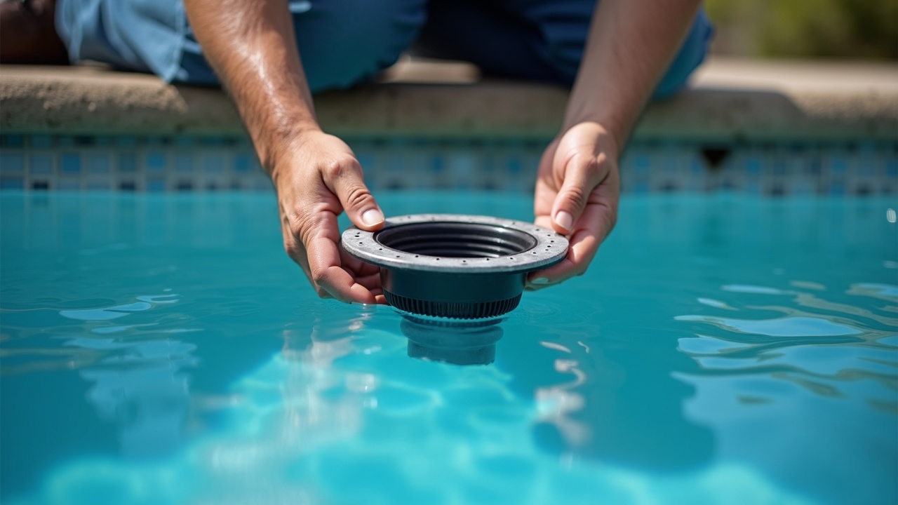 Close-up of a professional pool technician's hands installing a new skimmer basket into a pool skimmer housing, with tools and replacement parts visible on the pool deck