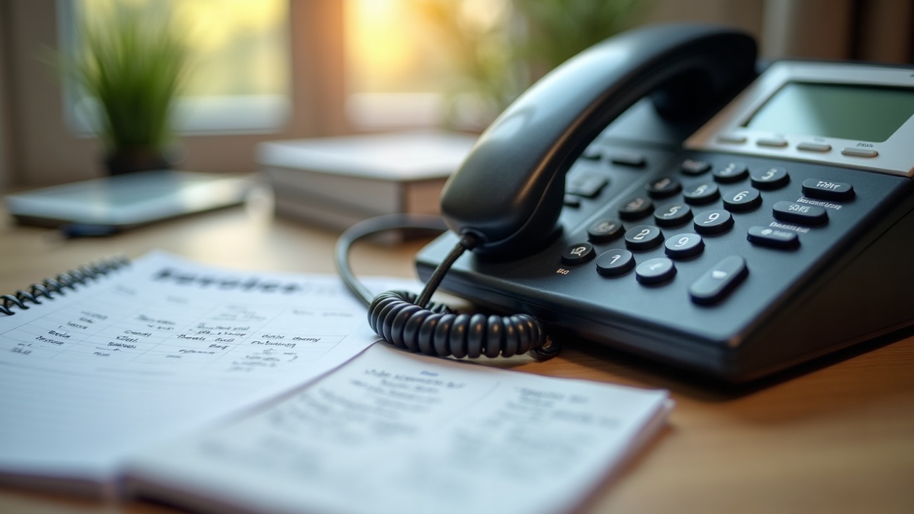 A close-up of a phone ringing on a desk next to a calendar marked with missed appointments and a notepad with hastily scribbled customer names and numbers