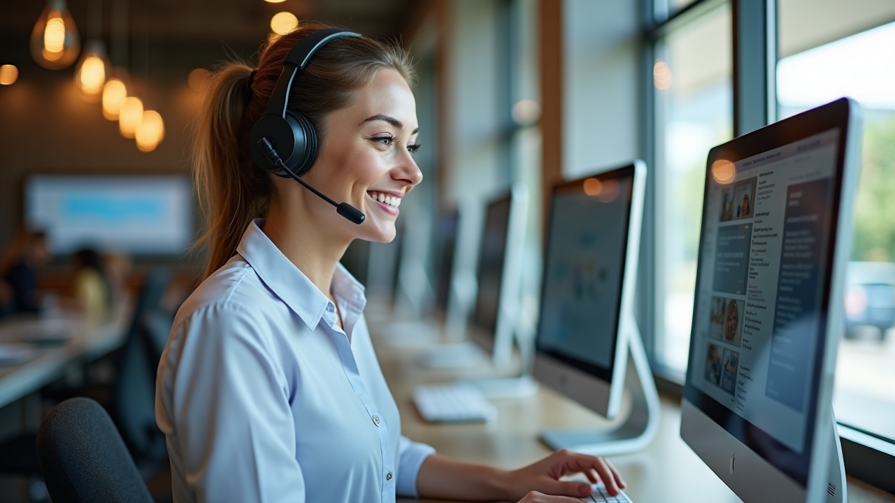 A professional front office team member wearing a headset, smiling while looking at a dual-screen setup showing a calendar and customer details, with pool and spa service business branding visible in the background