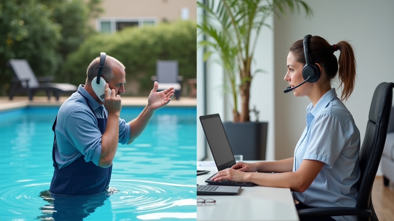 A split-screen comparison showing a stressed pool technician trying to answer a phone while kneeling by a pool on one side, and a professional office team member answering calls with a headset and scheduling software on the other side