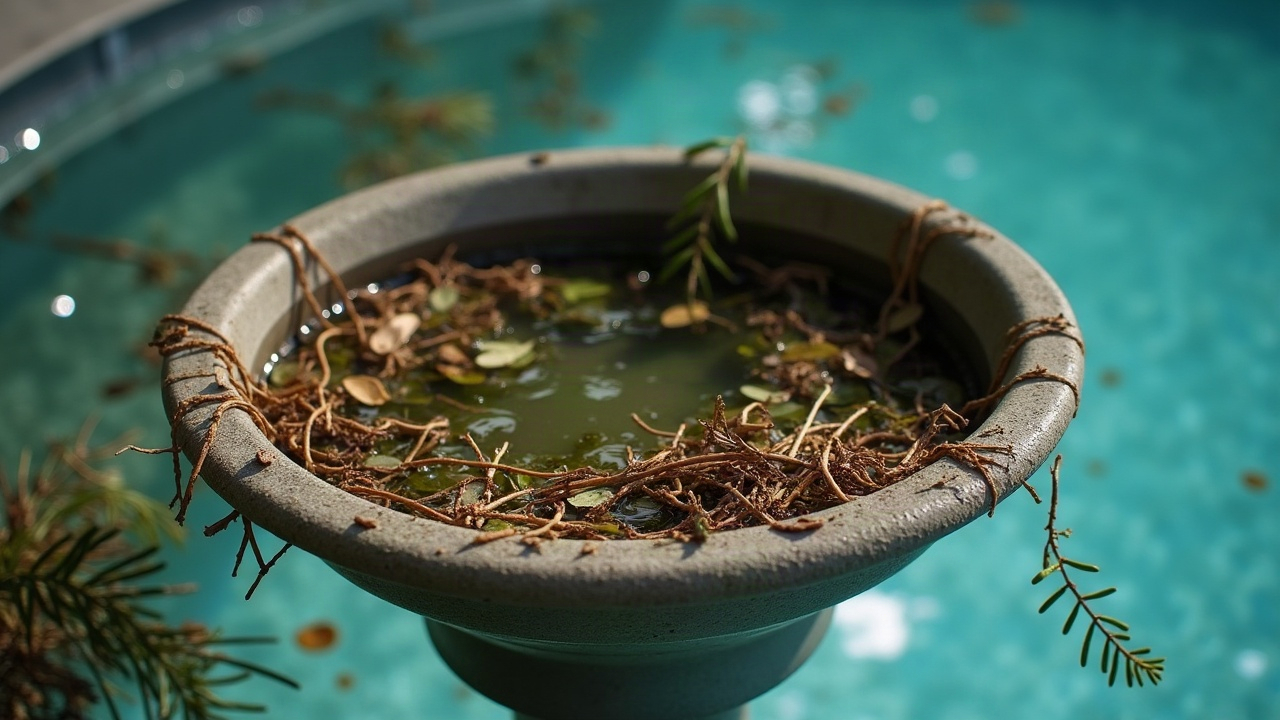 Close-up of a pool skimmer basket overflowing with storm debris including pine needles, oak leaves, and small twigs, with murky green water visible