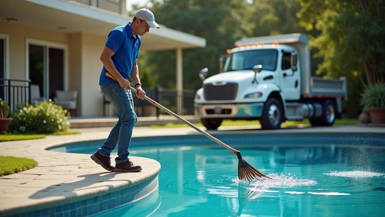 Pool service technician in company polo using a long-handled leaf rake to remove debris from a residential pool, with service truck visible in background