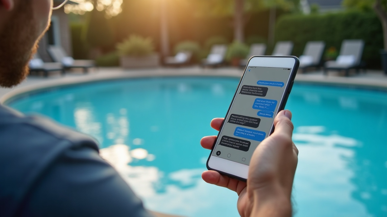 Pool service technician working on pool equipment while a smartphone nearby shows a text conversation being handled by a professional team
