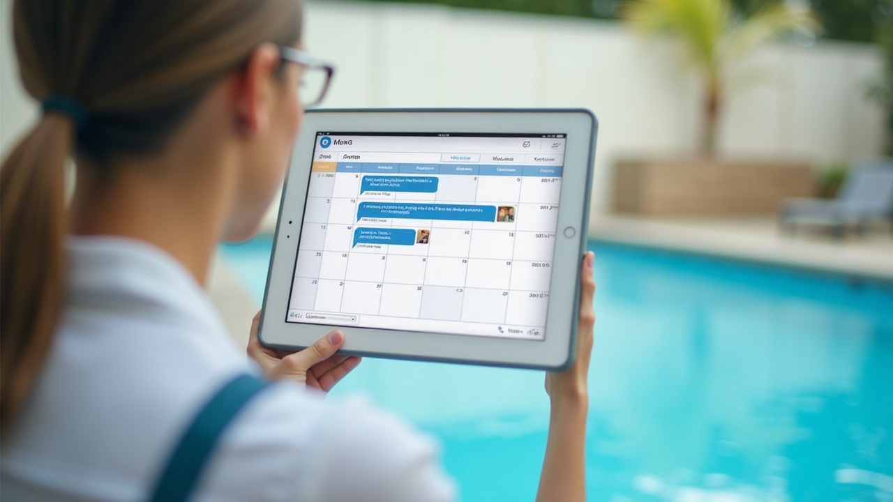 Calendar view showing pool service appointments booked during evening and weekend hours with text message notifications displayed