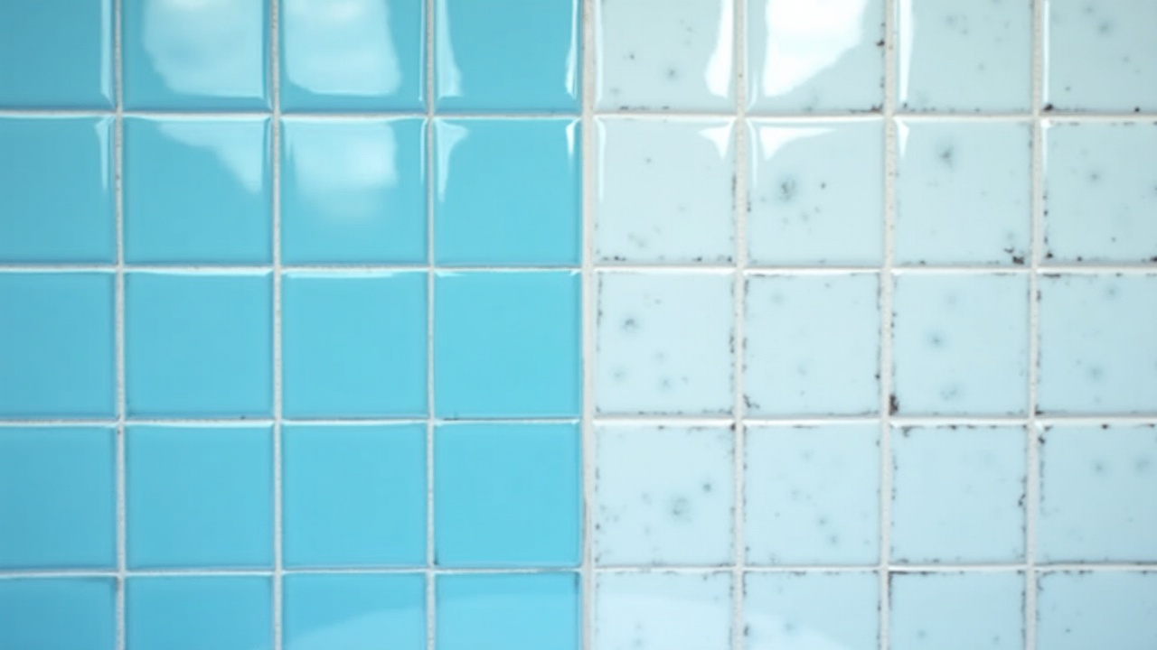 Split-screen comparison showing pristine clean blue waterline tiles on one side versus heavily calcium-stained tiles on the other