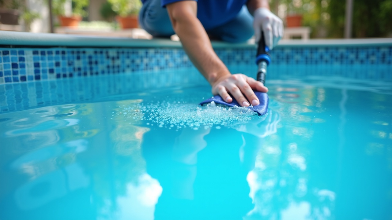 Pool service professional using specialized equipment to clean calcium deposits off blue waterline tiles, showing before-and-after sections
