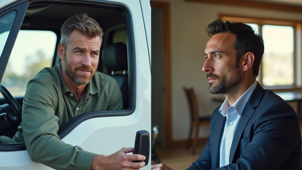 Split-screen comparison showing pool contractor's phone ringing unanswered in truck vs general contractor answering call professionally in organized office