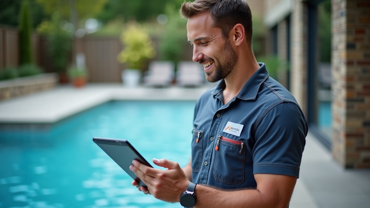 Pool contractor reviewing dashboard showing increased consultation bookings and revenue from tile and coping jobs, confident expression