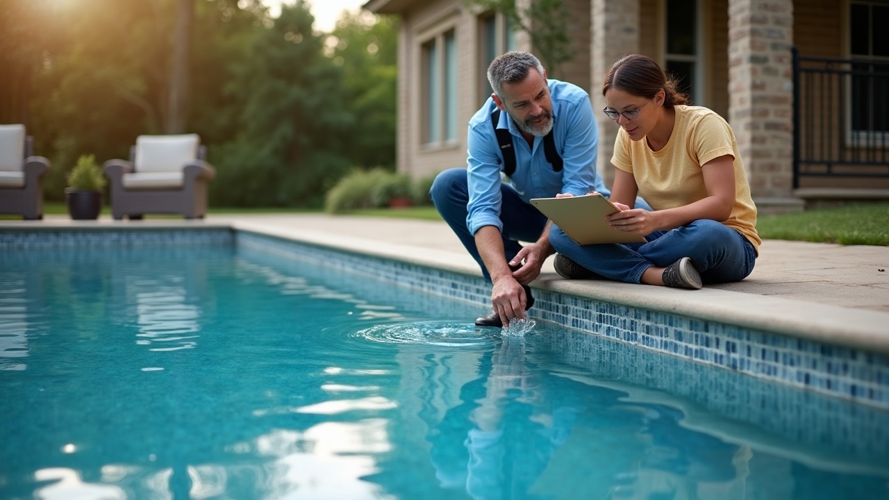 A professional pool technician explaining tile repair process to a homeowner while pointing at damaged tiles, both looking at a clipboard with material specifications