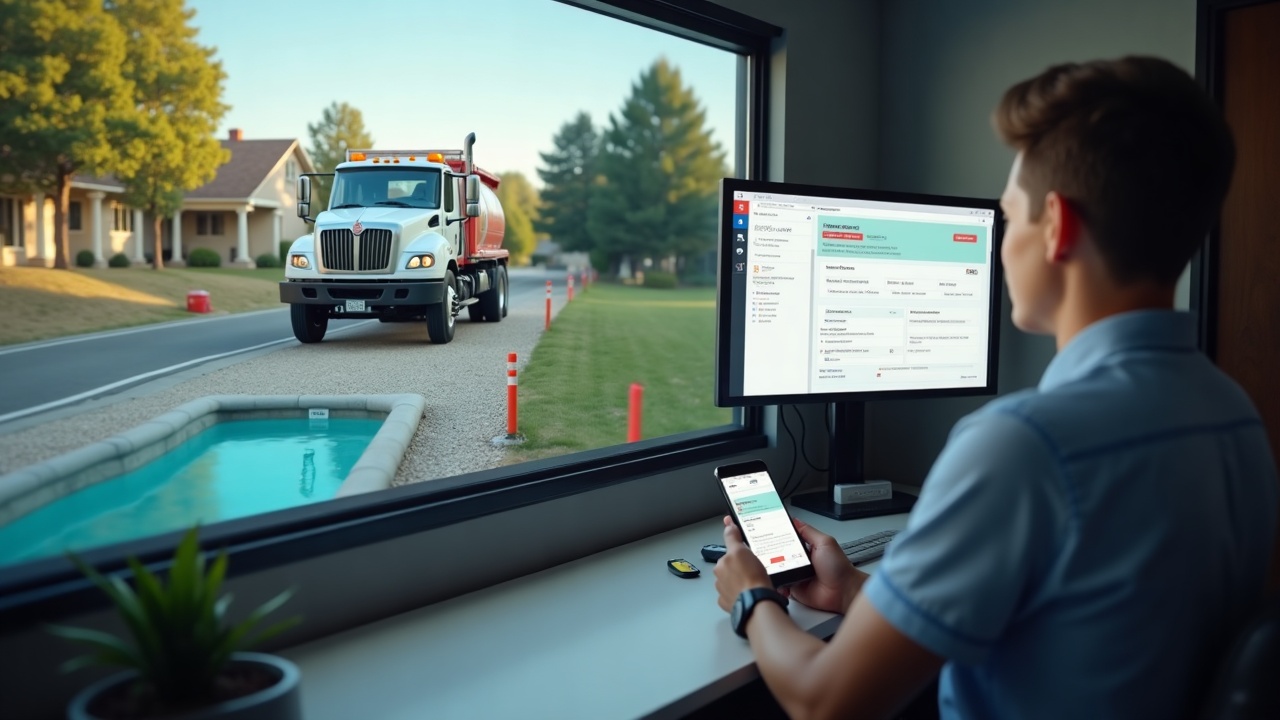 Split-screen comparison showing pool service truck at job site while phone rings in cab, versus office setting where incoming call is answered immediately with appointment booking screen visible
