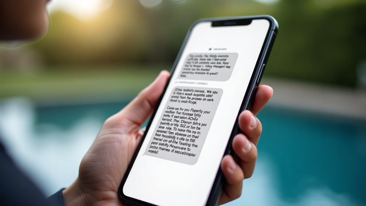 Mobile phone screen showing a text message exchange between a property manager and pool service company with quick response times and confirmation details