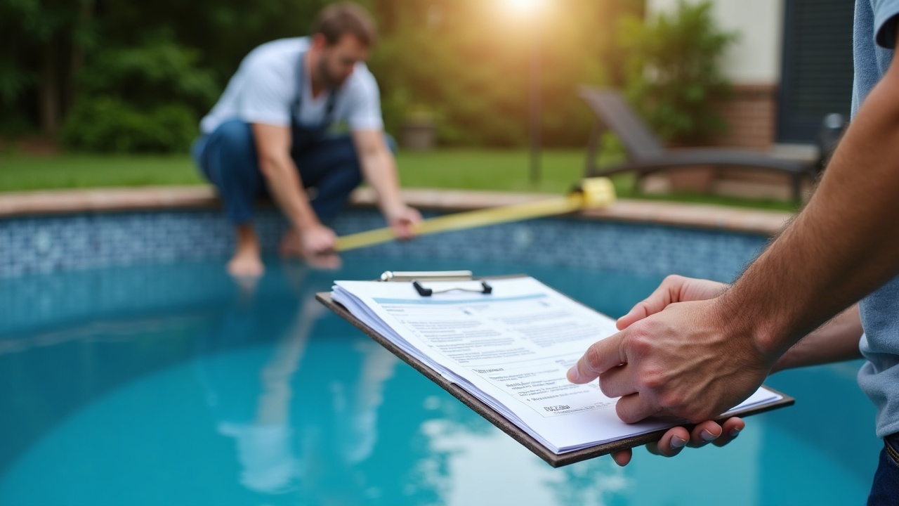 Pool service professional measuring an in-ground pool with measuring tape and clipboard while homeowner watches, preparing vinyl liner replacement quote