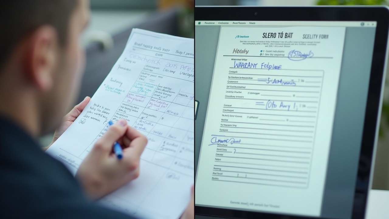 Split-screen comparison showing chaotic handwritten service notes versus organized digital intake form with warranty fields completed
