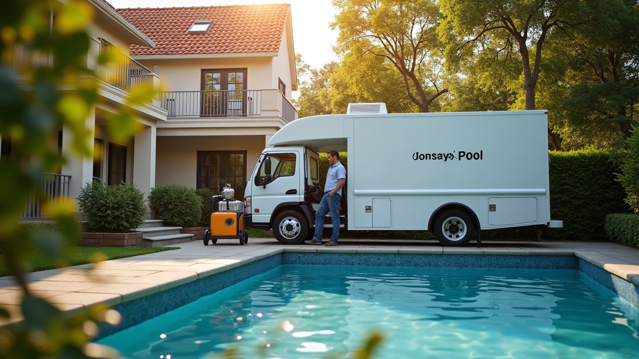 Pool service truck parked in residential driveway during summer, with service technician working on equipment