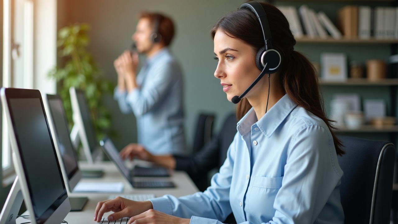 Professional answering service representative with headset working at organized desk with computer and scheduling system
