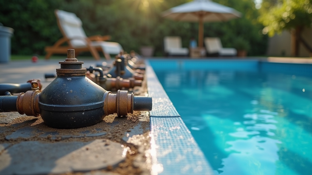 Split-screen comparison showing a cluttered equipment pad with corroded connections versus a clean, properly maintained pool equipment setup