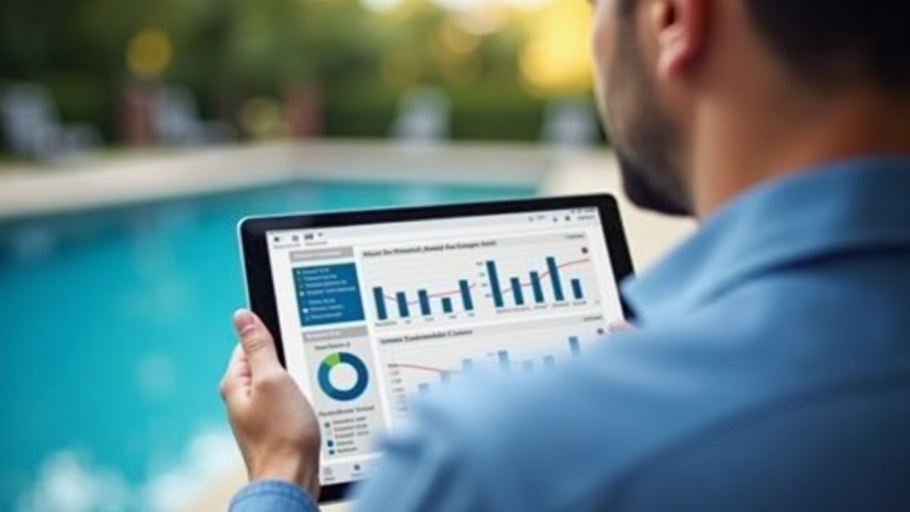 Pool service business owner reviewing monthly revenue dashboard on tablet, showing comparison between one-time service calls versus recurring maintenance contract revenue