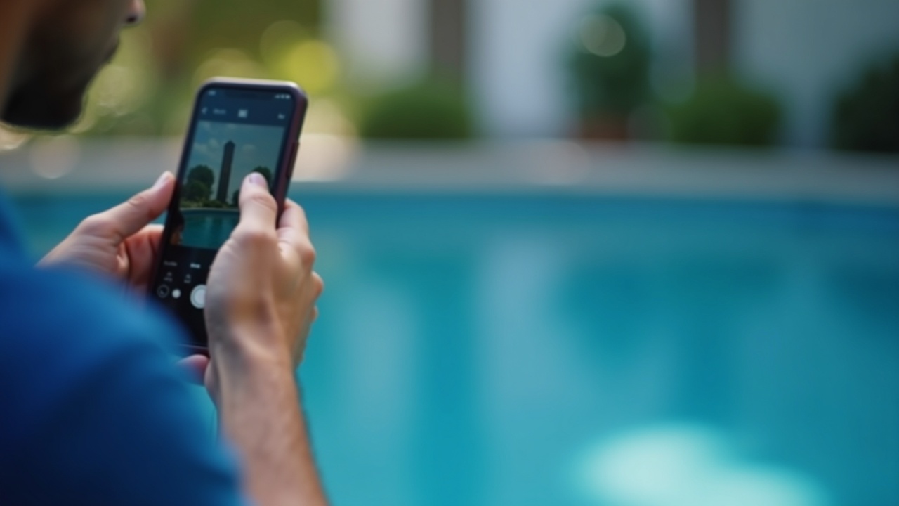 Close-up of a pool equipment data plate showing brand, model, and serial number with a technician's hand holding a phone taking a photo