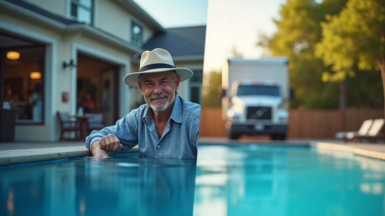 A split-screen comparison showing a pool owner driving to a retail store versus a pool service truck arriving at their home for professional water testing