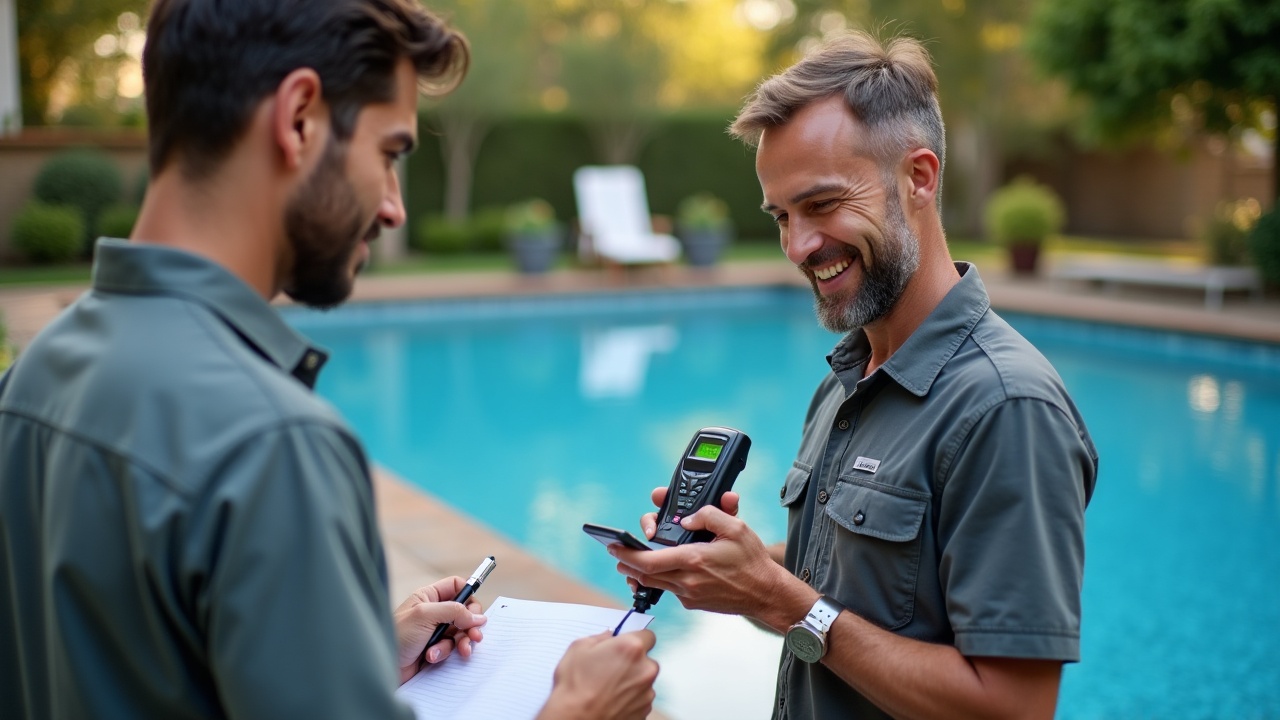 A pool service professional conducting a professional water chemistry test with a digital testing device while a satisfied homeowner watches and takes notes