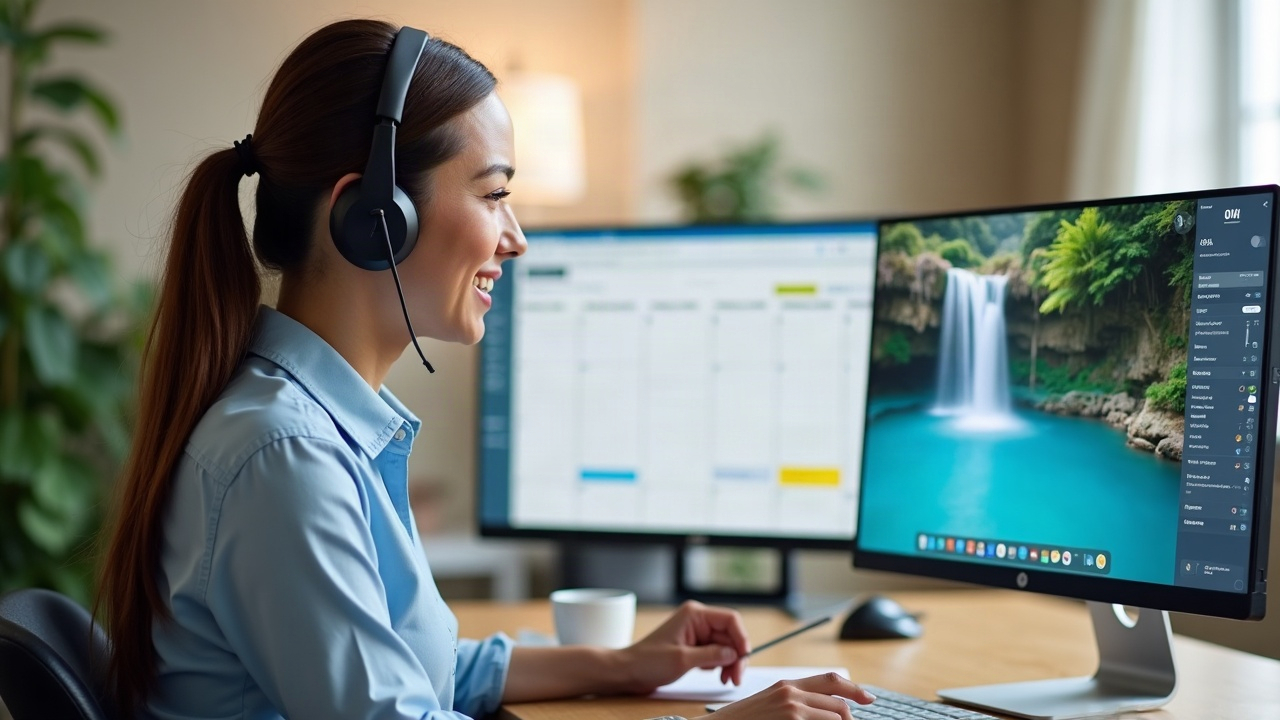 Professional office team member wearing a headset, smiling while taking notes during a call, with a computer screen showing a pool waterfall image and a calendar booking interface