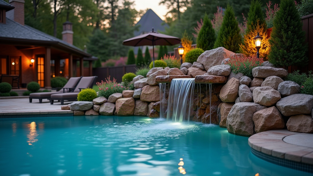 Elegant backyard pool with a natural stone waterfall and grotto, warm lighting at dusk, high-end residential setting showcasing premium water feature installation