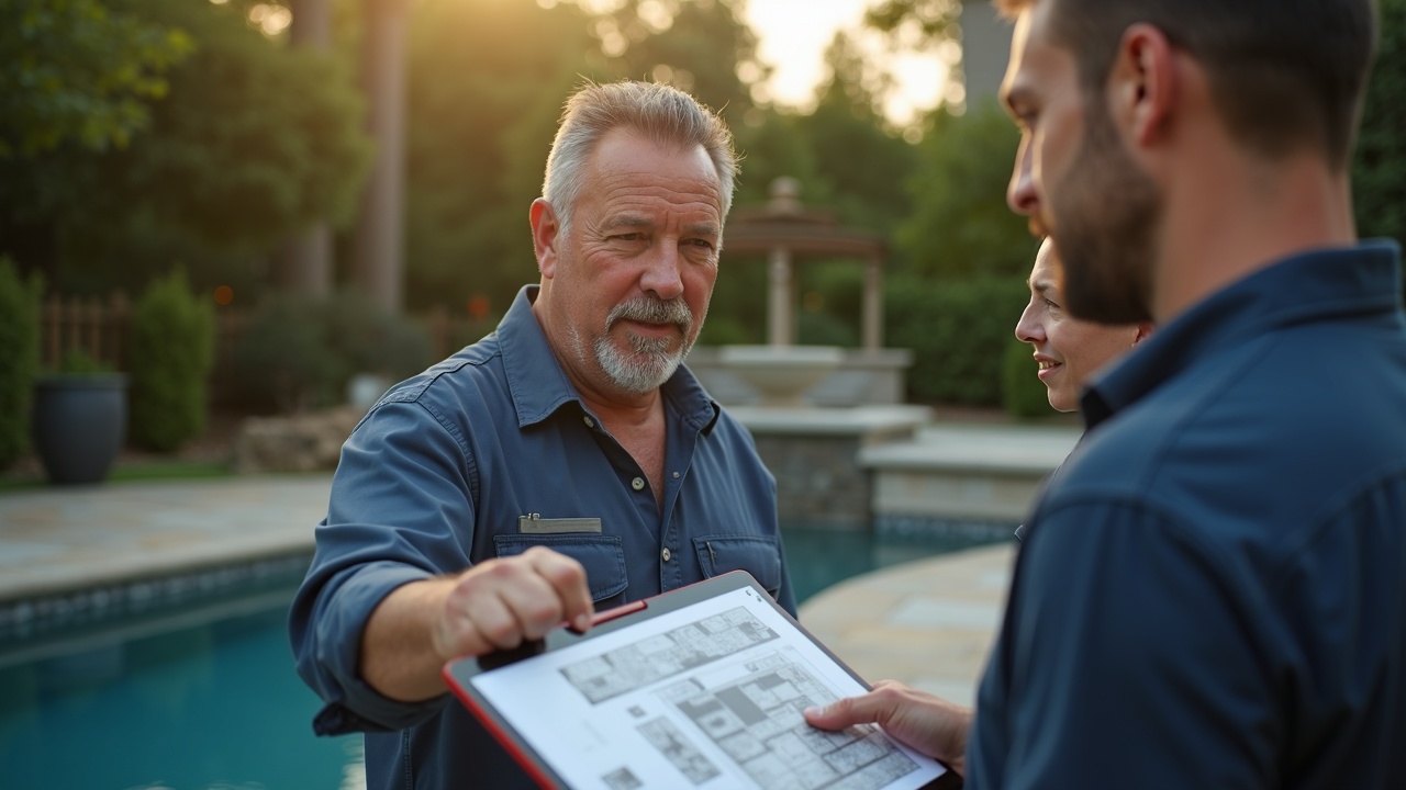 A pool service technician conducting a site visit with homeowners, reviewing plans for a custom fountain installation on a tablet