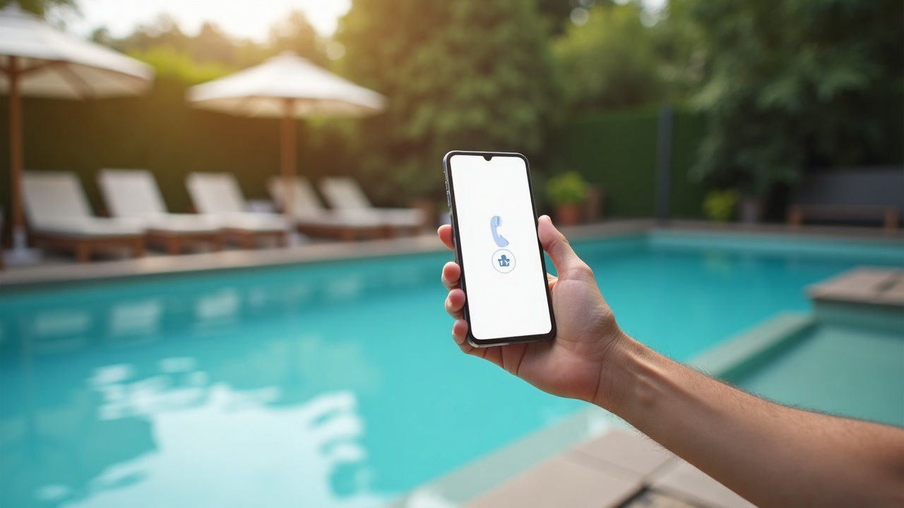 Split screen showing missed call notification on phone next to luxury poolside setting, illustrating the cost of unavailability