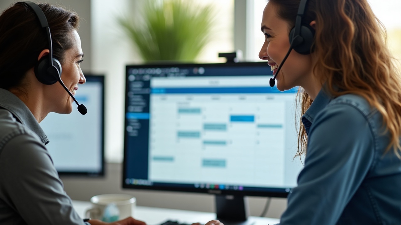 Professional office team member wearing headset while viewing pool service scheduling calendar on computer screen, with luxury pool company branding visible