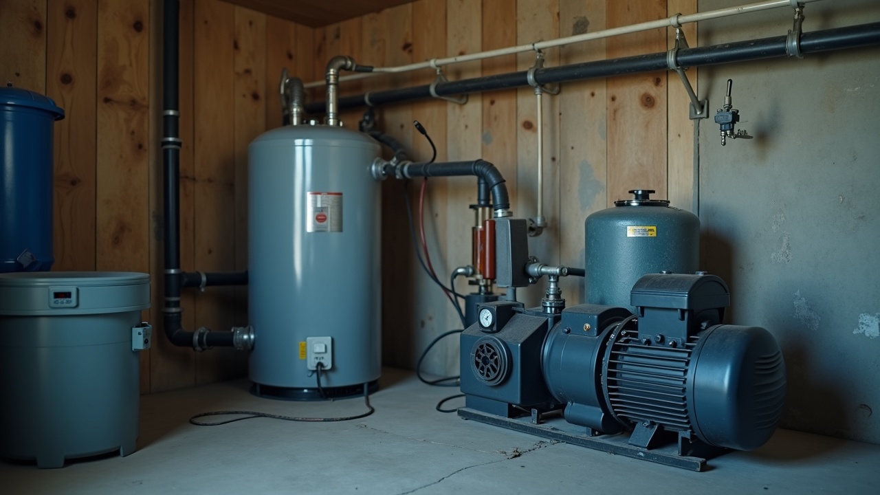 Pool equipment room showing aging heater, pump, and filter system that needs winter maintenance or replacement