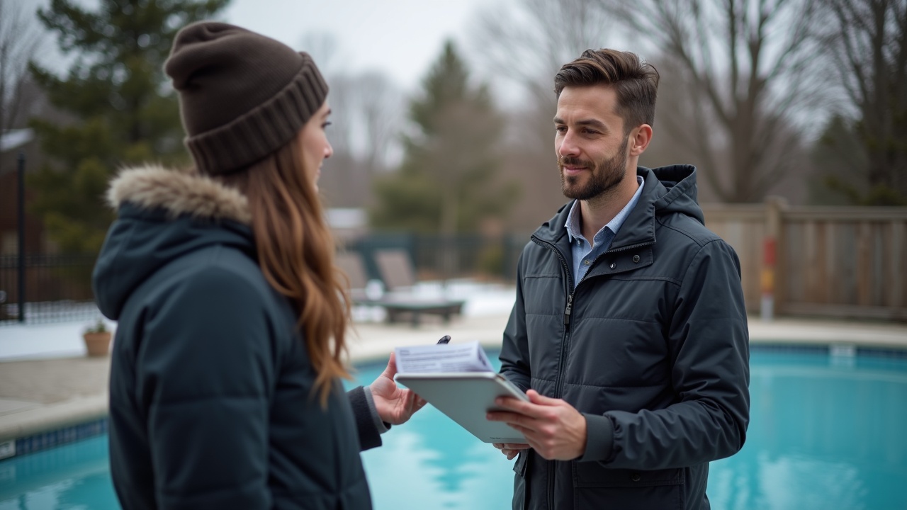 Pool professional presenting quote or tablet to homeowner in winter setting, showing off-season consultation in progress