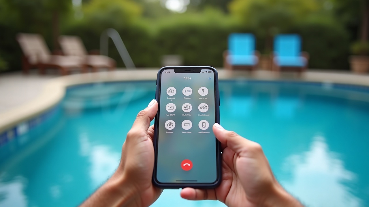 Split screen showing a pool service owner working on pool equipment on one side, and a smartphone showing multiple missed calls and voicemails on the other side
