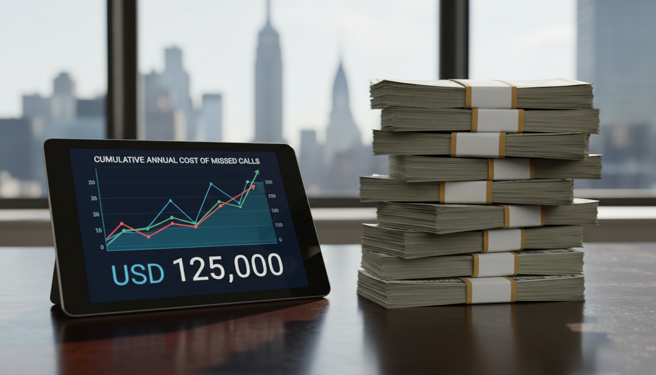 Calculator or financial chart showing cumulative annual cost of missed calls with stacks of cash
