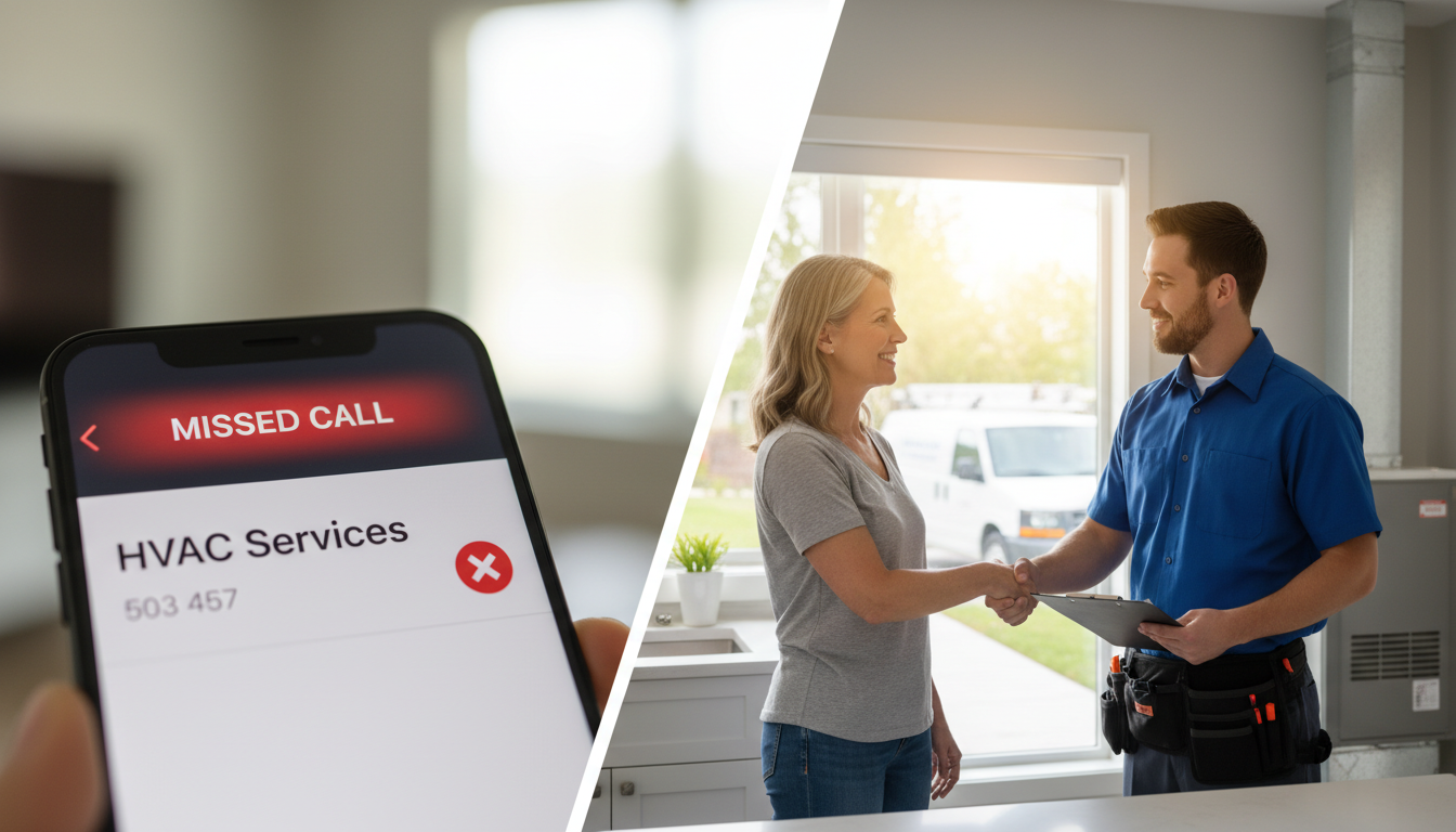 Split image showing missed call notification vs. happy customer shaking hands with HVAC technician