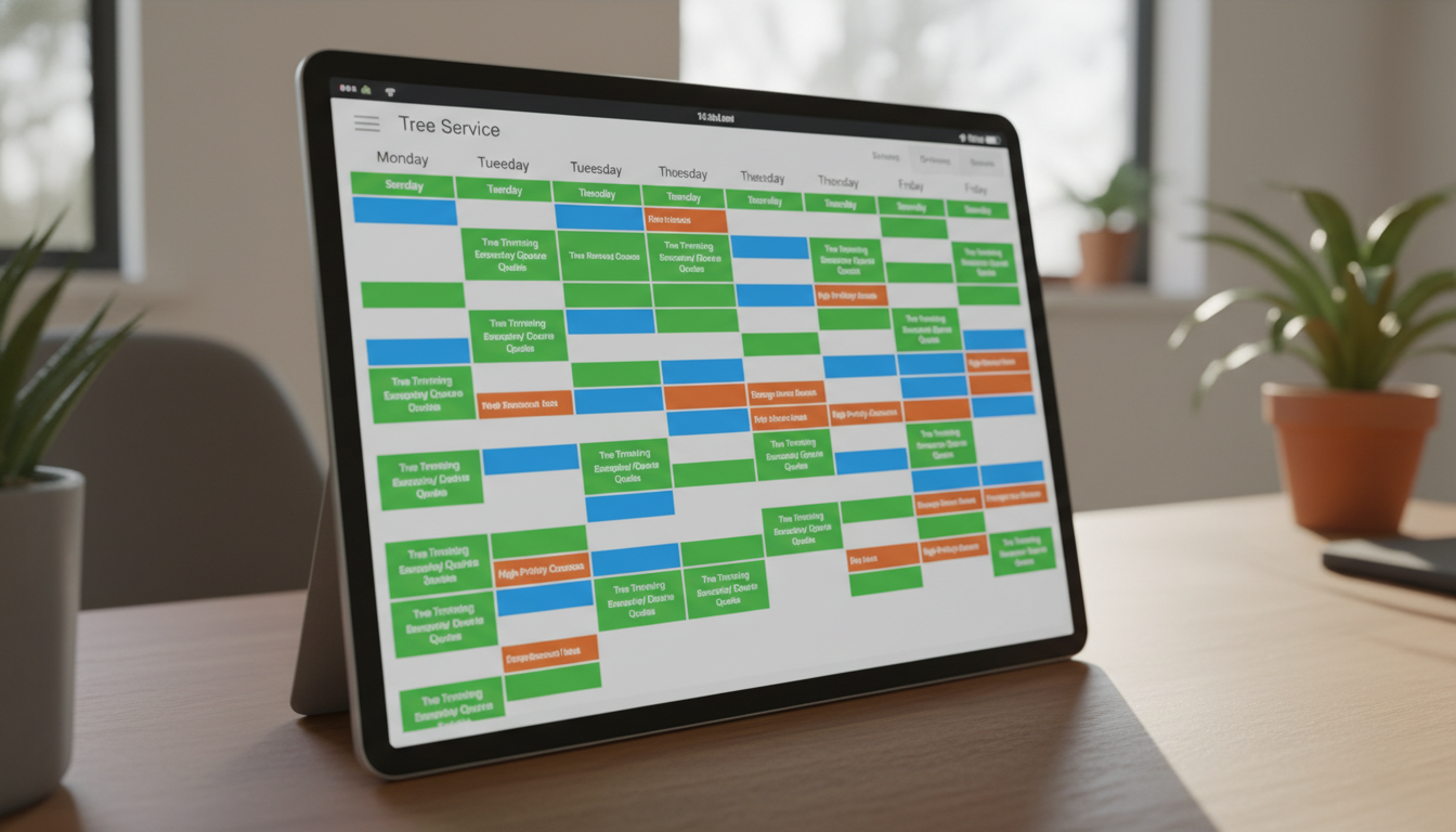 A calendar view showing a tree service schedule with back-to-back estimate appointments booked throughout the week, color-coded by job type and priority