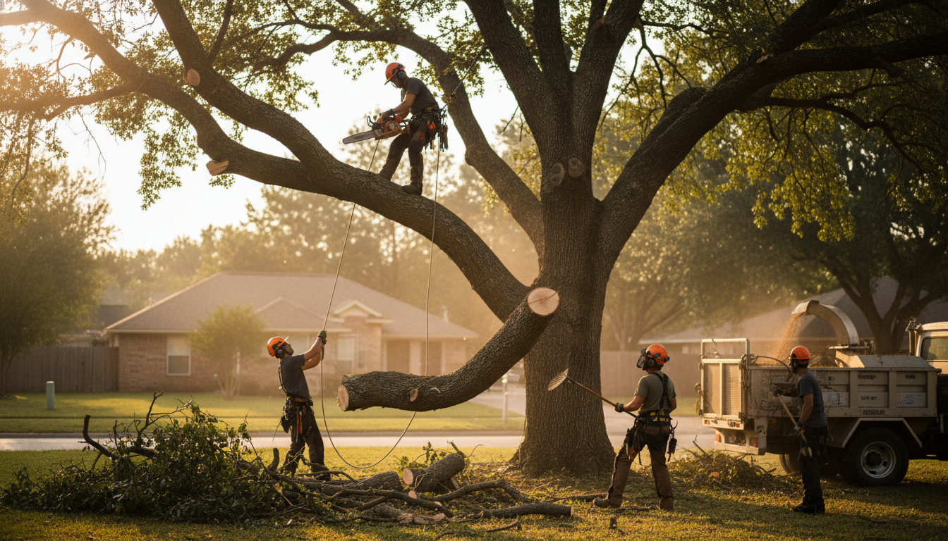 A professional tree service crew efficiently working on a large tree removal with proper equipment, showing the expertise that comes from focusing on the right jobs