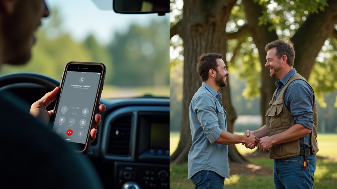 Split-screen comparison: left side shows missed call notification on phone lying on truck dashboard, right side shows happy homeowner shaking hands with arborist in front of large oak tree